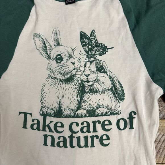 Forever 21 Size Medium Graphic Tee Baseball Raglan Sleeves Take Care of Nature - Picture 4 of 8